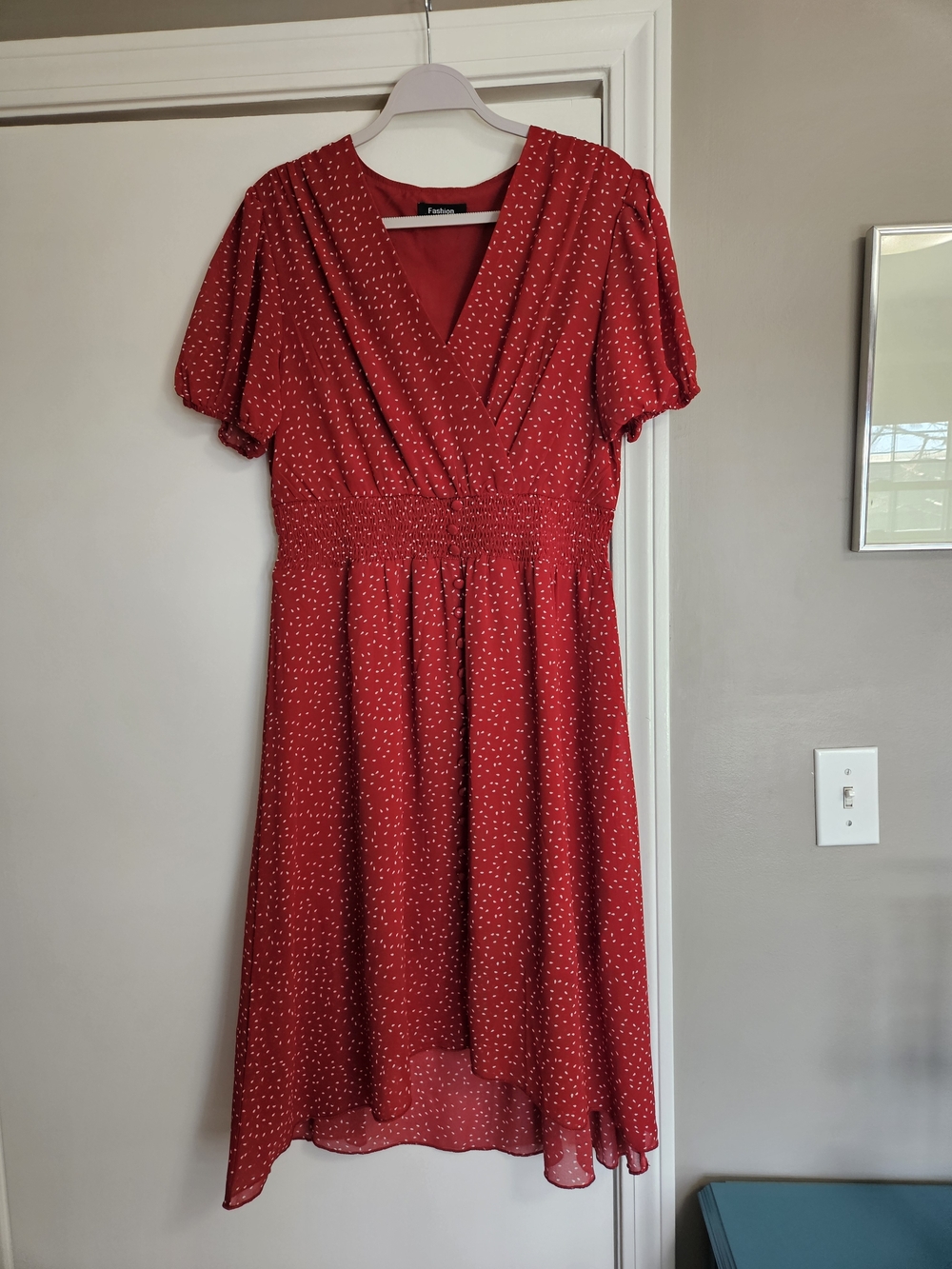 Red Polka Dot High-Low Wrap Dress with Smocked Waist